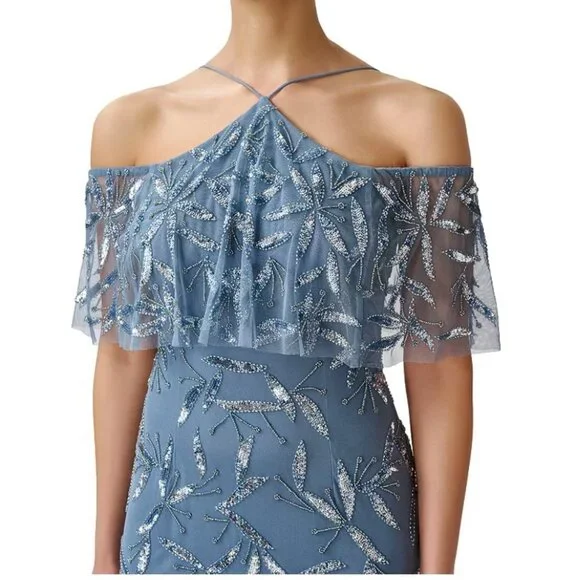 aidan mattox cold shoulder sequin dress Aidan Mattox Blue Sequin Dress Cold Shoulder